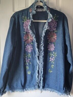 Denim Jacket with Pink Floral Embroidery